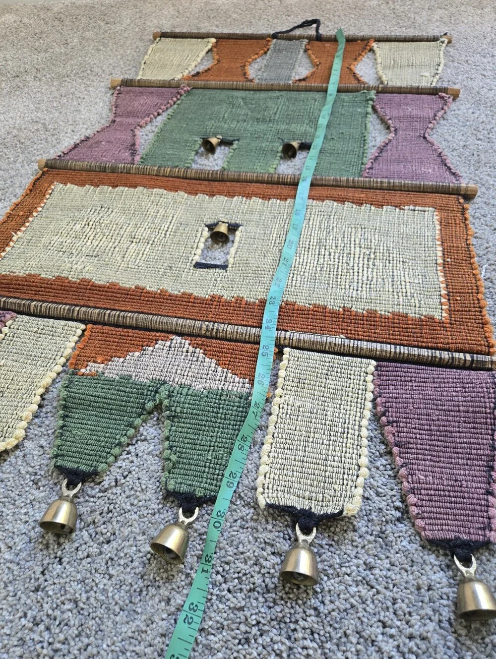 Elephants Woven Handmade Wall Hanging Tapestry with Brass Bells 31 in x 19 in